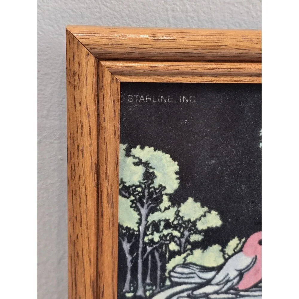90's Fuzzy Velvet Art 8x10 Wooden Picture Frame Easel Back Birds Garden Birdbath